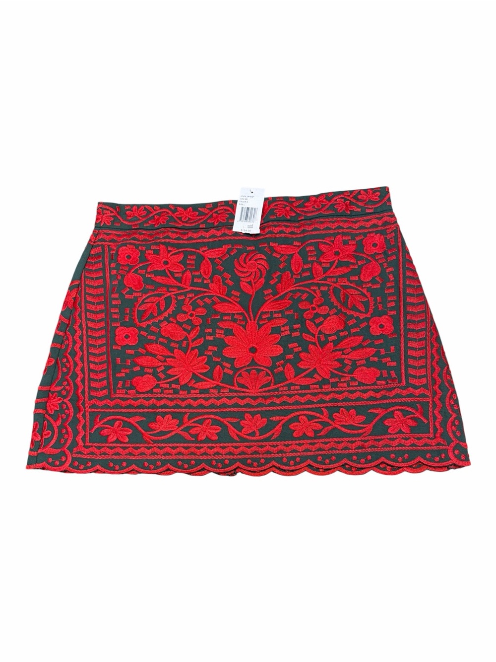 Folk Art Embroidered Mini Skirt Red Floral Hunter Green Scalloped Size L NWT
